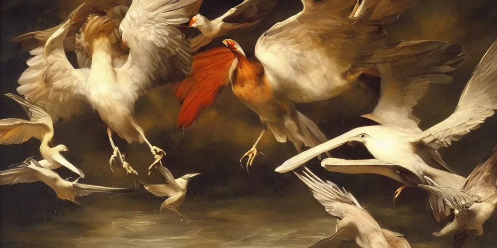 Image similar to highly detailed beautiful oil painting of birds, splash, sharp focus, dramatic, dynamic, lighting, elegant, harmony, beauty, masterpiece, by roberto ferri