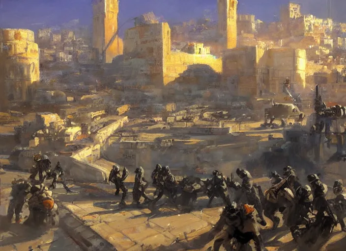 Prompt: a highly detailed beautiful portrait of jerusalem under attack by aliens, by gregory manchess, james gurney, james jean