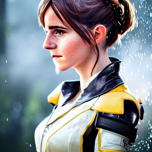 Image similar to full shot photograph portrait of a woman as Emma Watson as Dva from Overwatch, elegant, 70mm lens, outdoors lighting, nature background, symmetric circular iris, detailed moisture, detailed droplets, detailed intricate hair strands, DSLR, ray tracing reflections, symmetrical face and body, gottfried helnwein and Irakli Nadar, eye reflections, focused, unreal engine 5, vfx, post processing, post production, single face