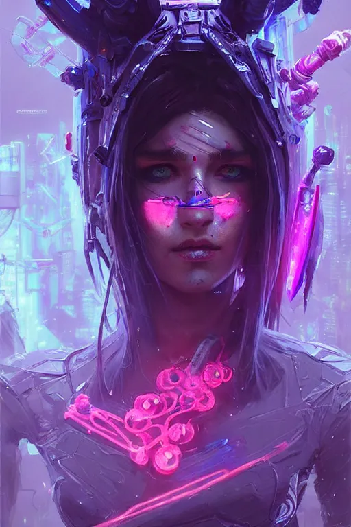 Image similar to morgana from league of legends, cyberpunk futuristic neon. veins and living pipes everywhere, decorated with traditional japanese ornaments by ismail inceoglu dragan bibin hans thoma greg rutkowski alexandros pyromallis nekro rene maritte illustrated, perfect face, fine details, realistic shaded, fine - face, pretty face, masterpiece