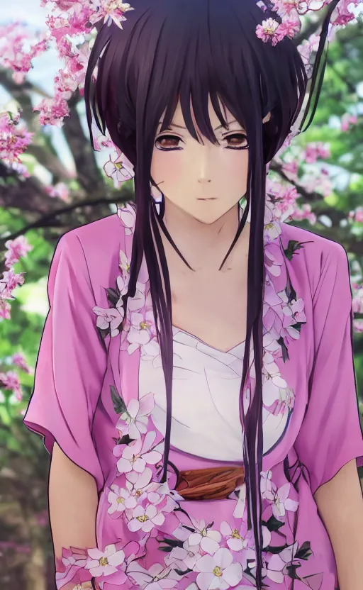 Image similar to anime style, gta 5, portrait of girl, yukata clothing, sakura tree in background, short hair, hair down, symmetrical facial features, from arknights, hyper realistic, extreme detail, volumetric lights, 4 k drawing, safebooru, realistic lighting, by alphonse mucha, greg rutkowski, sharp focus, backlit