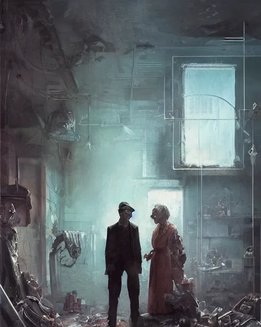 Image similar to a highly detailed epic cinematic concept art CG render digital painting artwork: old dead couple at a decayed gas station surrounded by dark figures. By Greg Rutkowski, in the style of Francis Bacon and Syd Mead and Norman Rockwell and Beksinski, open ceiling, highly detailed, painted by Francis Bacon and Edward Hopper, painted by James Gilleard, surrealism, airbrush, Ilya Kuvshinov, WLOP, Stanley Artgerm, very coherent, triadic color scheme, art by Takato Yamamoto and James Jean