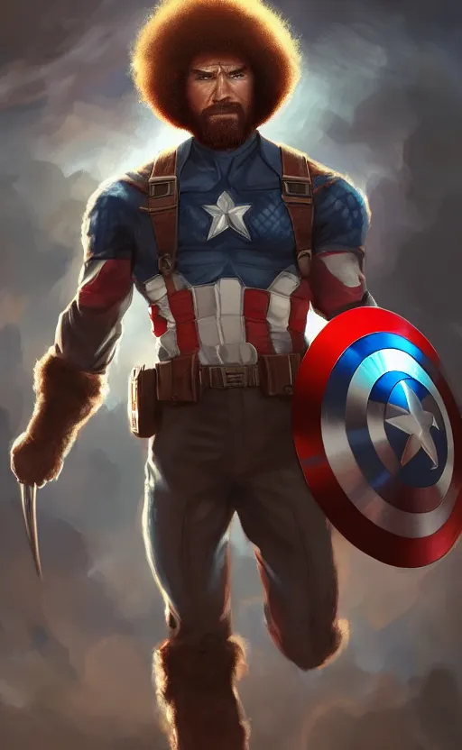 Image similar to bob ross as captain america, dynamic lighting, cinematic, ultra detailed, trending on art station, stunning visuals, creative, fantasy concept art