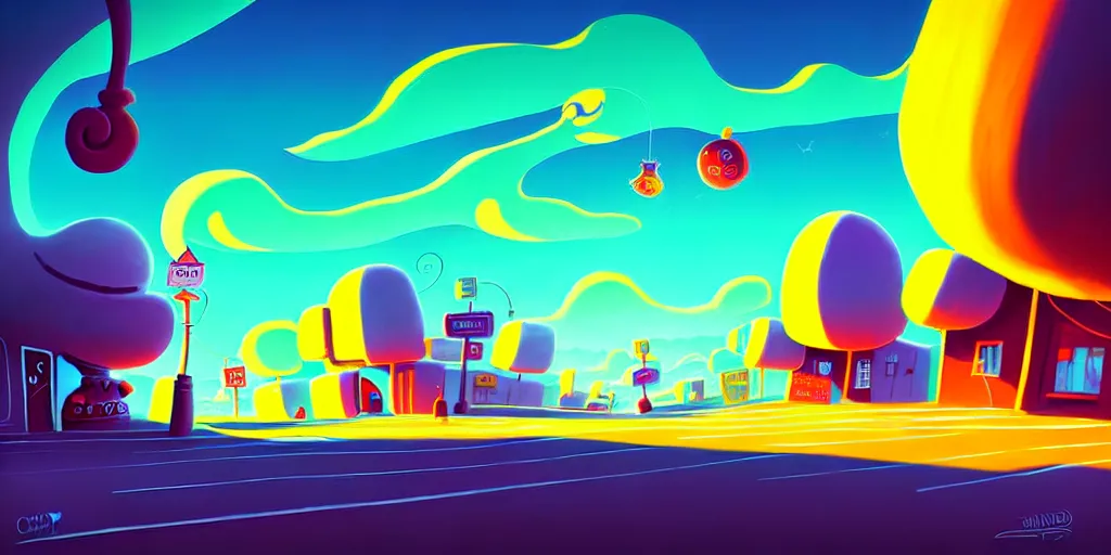 Prompt: curved perspective digital art of a clowdy spring small town street, curvy clouds, from nightmare before christmas by anton fadeev