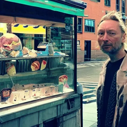 Image similar to “ thom yorke is buying ice - cream at the dirty ice - cream booth in the street, movie screenshot, cinematic, epic, dramatic ”