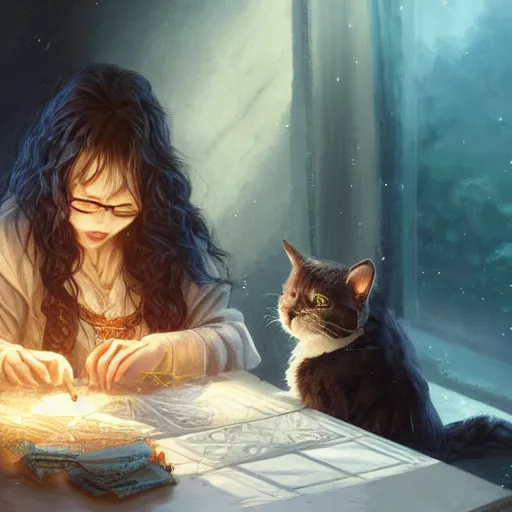 Image similar to a woman with dark wavy hair sitting doing embroidery, a cat sits at her feet, D&D, fantasy, cinematic lighting, highly detailed, digital painting, artstation, concept art, smooth, sharp focus, illustration, warm light, cozy warm tint, magic the gathering artwork, volumetric lighting, 8k, art by Akihiko Yoshida, Greg Rutkowski