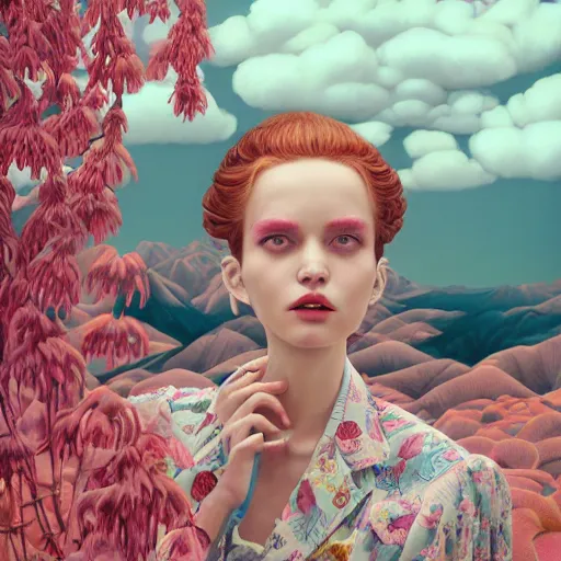 Image similar to pretty model with clouds : : by martine johanna and simon stalenhag and chie yoshii and casey weldon and wlop : : ornate, dynamic, particulate, rich colors, intricate, elegant, highly detailed, vogue, harper's bazaar art, fashion magazine, smooth, sharp focus, 8 k, octane render