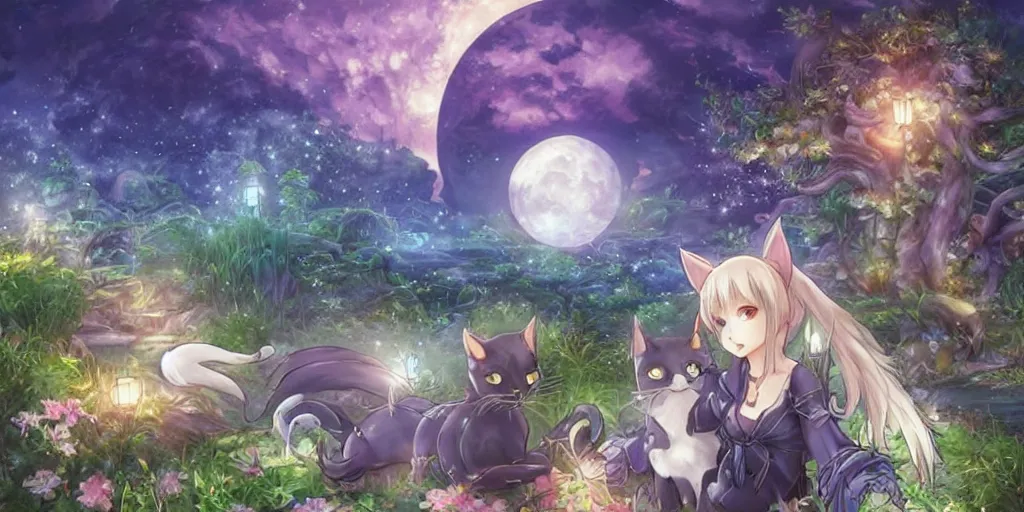 Image similar to final fantasy key visual of a cats anime, in a magical fantasy garden at night, moonlight, fireflies glowing, lofi feel, magical, highly detailed, digital art, artstation, smooth, hard focus, illustration, art by artgerm - in the style of final fantasy and studio ghibli