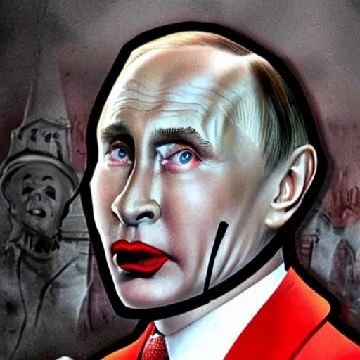 Prompt: Putin is serial killer devil in vintage horror movie poster of Putin is clown