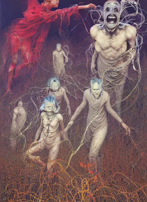 Prompt: realistic detailed image of a friendly figures of smiling ghosts and dmt jesters made of light walking back and forth in the wide abstract grass field by Ayami Kojima, Amano, Karol Bak, Greg Hildebrandt. rich deep colors. Beksinski painting, part by Adrian Ghenie and Gerhard Richter. art by Takato Yamamoto. masterpiece