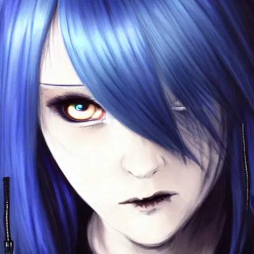 Prompt: high contrast photo of rimuru tempest, sky blue straight hair, bangs, with amber eyes, wearing a black jacket, high collar, ultra detailed, brush strokes, skin texture, digital painting, cinematic, wlop, pixiv, eerie, scary, intimidating glare, evil, junji ito, yoshitaka amano