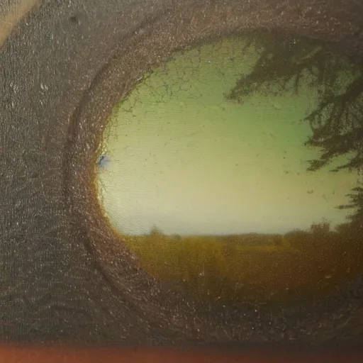 Prompt: a gorgeous landscape by lars boingo, oil on canvas. viewed through a cracked lens.