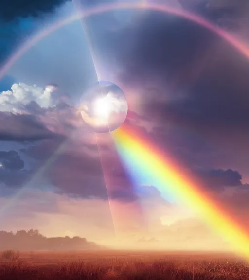 Image similar to celestial crosshairs across the land and sky, majestic light, octane render, beauty fog, ethereal glare of the sun, raining rainbow, volumetric lighting, hyperealistic, epic, masterpiece