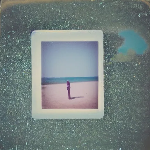 Image similar to a pastel colour Polaroid photo from a holiday album at a seaside, all objects made of transparent iridescent Perspex no people, nostalgic