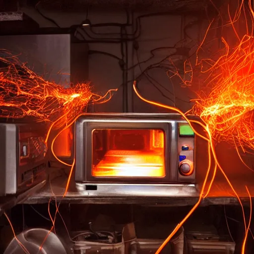 Image similar to overcharging toaster oven, tangles of metallic cables, dark messy smoke - filled cluttered workshop, dark, dramatic lighting, orange tint, sparks, plasma charges, cinematic, highly detailed, sci - fi, futuristic, movie still