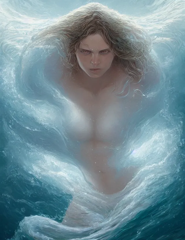 Prompt: A woman merging out of the ocean, masterpiece digital painting by Alex Grey, Greg Rutkowski, artstation, 4k wallpaper