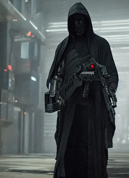 Image similar to dark figure wearing black robe tactical carrying AR-15 hooded polished gold skull cyberpunk 2077 bladerunner 2049 movie still (2017) Wayne Barlowe and Greg Rutkowski