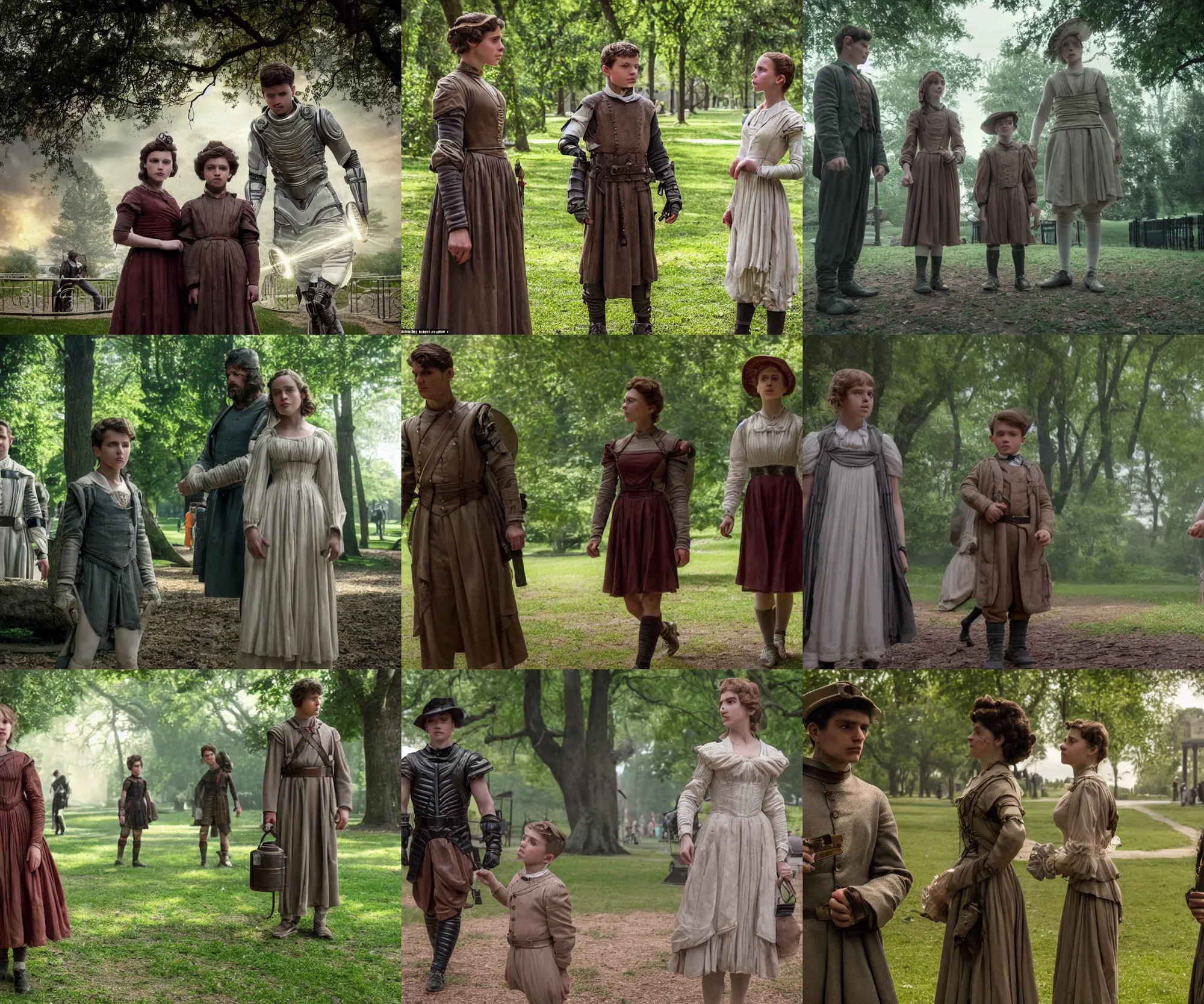 Prompt: sharp, highly detailed, film from a 2 0 1 9 sci fi 8 k movie, time travelers appear in a park, a boy from the roman empire and a girl from 1 8 8 0, each wearing correct era clothes, atmospheric lighting, in focus, reflective eyes, 3 5 mm macro lens, nice composition