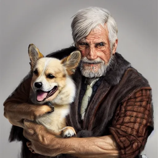 Prompt: portrait of a old, ruggedly handsome man holding a corgi dog, soft hair, muscular, full body, cloth, hairy, d & d, fantasy, intricate, elegant, highly detailed, digital painting, artstation, concept art, smooth, sharp focus, illustration, art by artgerm and greg rutkowski and alphonse mucha