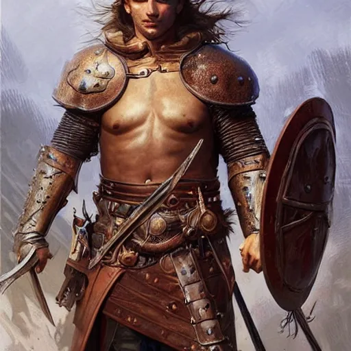 Prompt: young warrior marching toward the viewer, male, muscular, blue eyes!!!!, straight nose!!!, detailed face, exposed thighs!!!, leather, fantasy, medieval, highly detailed, painting by greg rutkowski