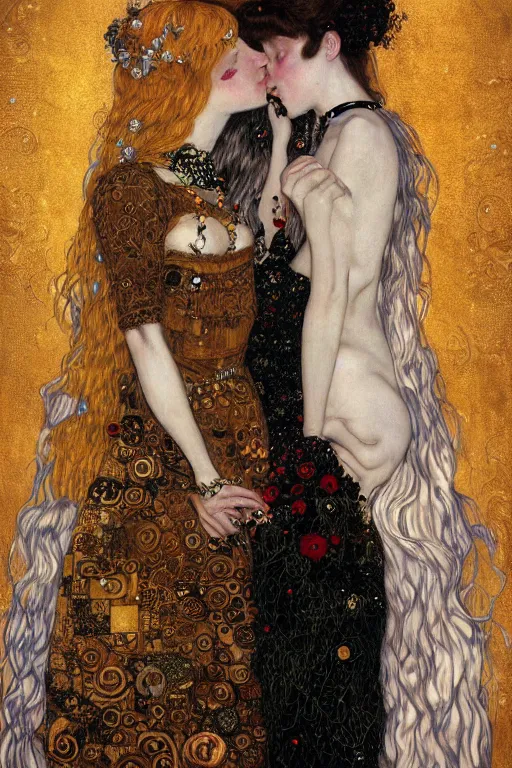 Image similar to portrait of two beautiful young gothic maidens kiss, dark fantasy, Warhammer, highly detailed, artstation, illustration, art by Gustav Klimt