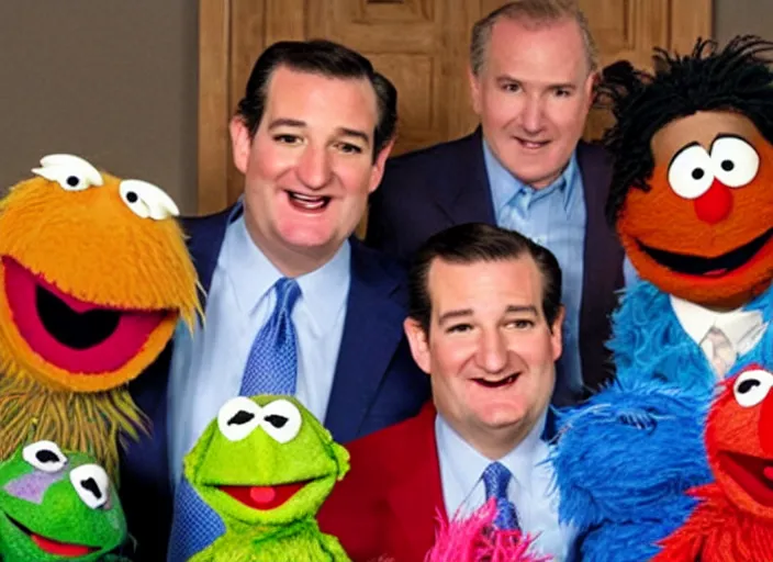 Prompt: ted cruz on the floor getting stomped and kicked by a gang of muppets on sesame street