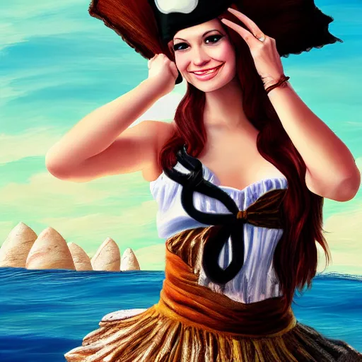 Prompt: dancing brunette milk maid woman wearing a pirate hat shore seascape in the style of Ross Tran