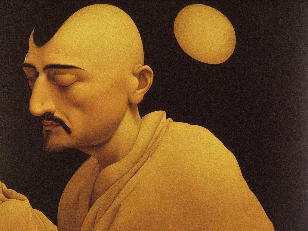 Image similar to close up portrait of a head of a man in zen meditation. painting by georges de la tour