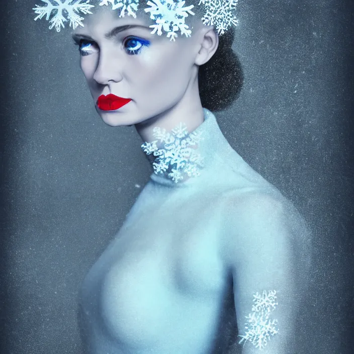 Image similar to a woman wearing a highneck dress made out of snowflakes. she is sickly looking and dying of hypothermia. pale blue lips. full body digital portrait by maromi sagi