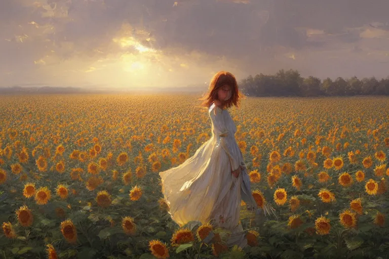 Image similar to a beautiful painting of the sea of sunflowers, girl, by greg rutkowski, trending on artstation