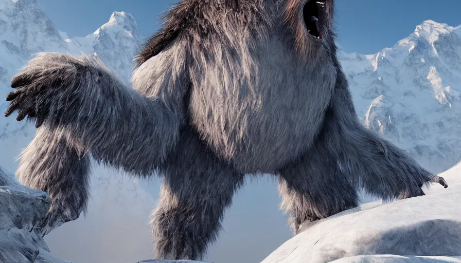 Image similar to Giant yeti roaring in the heart of the snowy mountains of Tibet, hyperdetailed, artstation, cgsociety, 8k