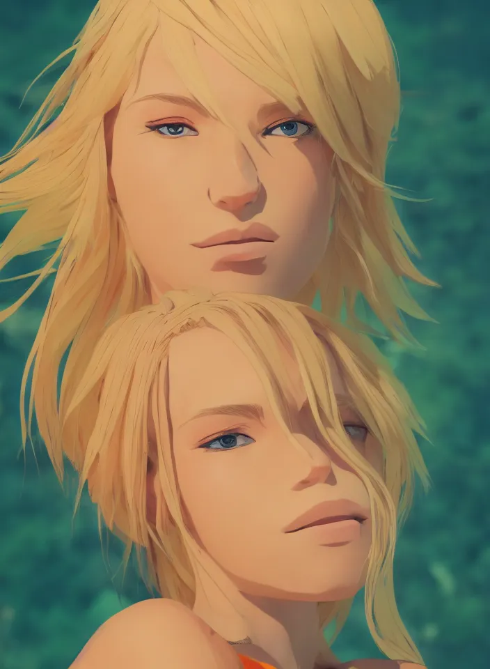 Image similar to beautiful blond woman in orange tribal bikini, blond hair pulled back off the face, green eyes, by makoto shinkai, 8 k, high resolution render, cinematic, unreal engine, clean lineart and flat color,