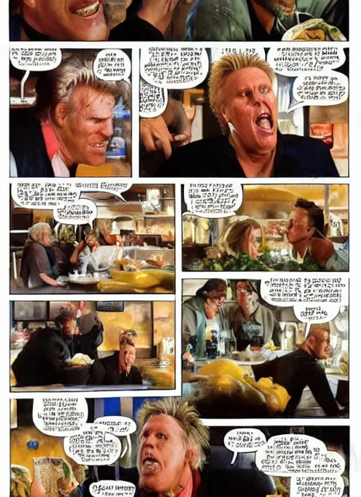 Image similar to gary busey is presented with the worst kind of food in a cafe and vows to eat the chef, by phil hale and tom lovell and frank schoonover