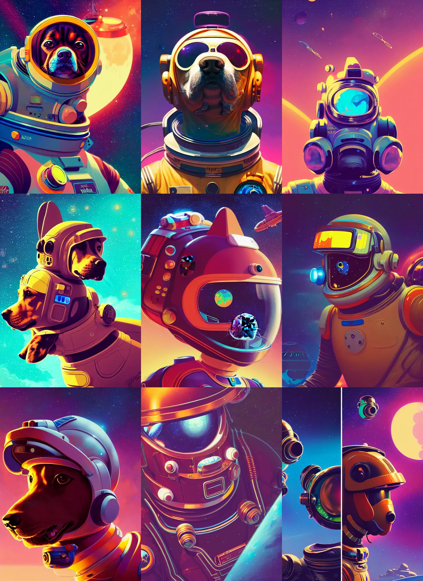 Prompt: retrofuturistic portrait of a dog in astro suit, space graphics art in background, close up, wlop, dan mumford, artgerm, liam brazier, peter mohrbacher, 8 k, raw, featured in artstation, octane render, cinematic, elegant, intricate, 8 k