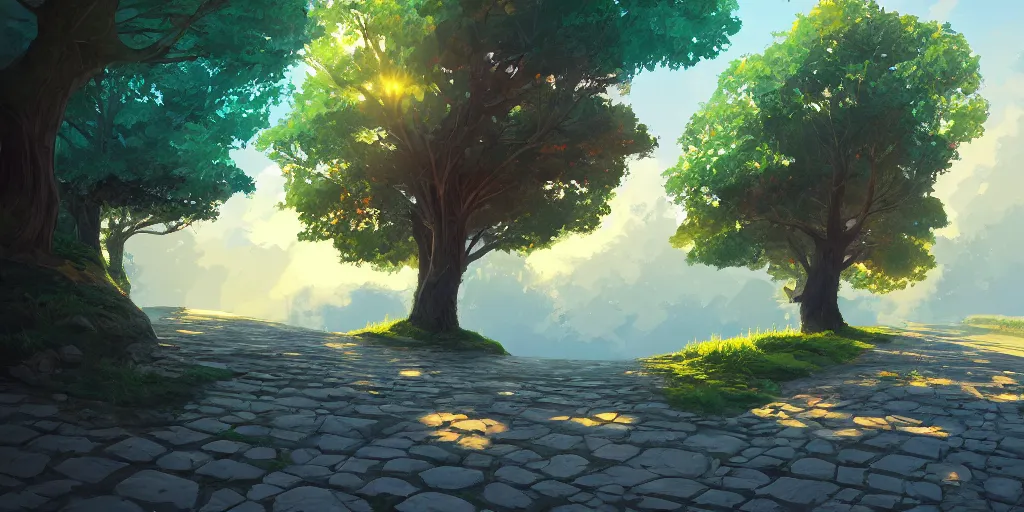 Prompt: a lonely cobblestone street with a tree on a cliff over the sea, brightly illuminated by rays of sun, artstation, colorful sylvain sarrailh illustration, multiple point perspective