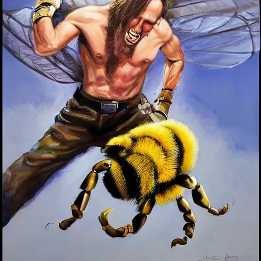 Prompt: Nicholas cage punching a giant bee, painted by james gurney