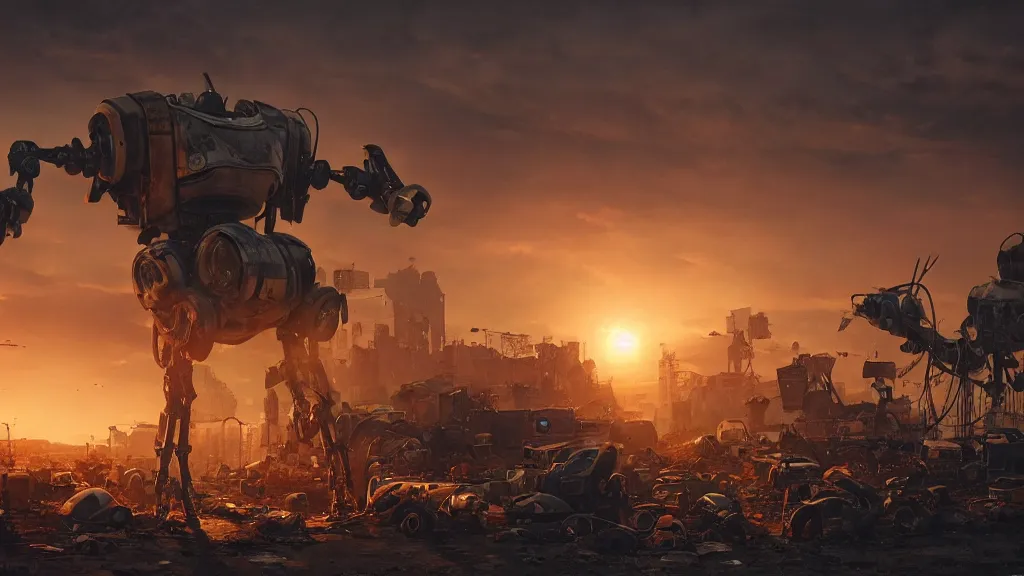 Image similar to a Photorealistic hyperrealistic render of a Robot Junkyard full of weathered and well worn down Robots by PIXAR,Greg Rutkowski,WLOP,Artgerm,dramatic moody sunset lighting,long shadows,Volumetric, cinematic atmosphere, Octane Render,Artstation,8k