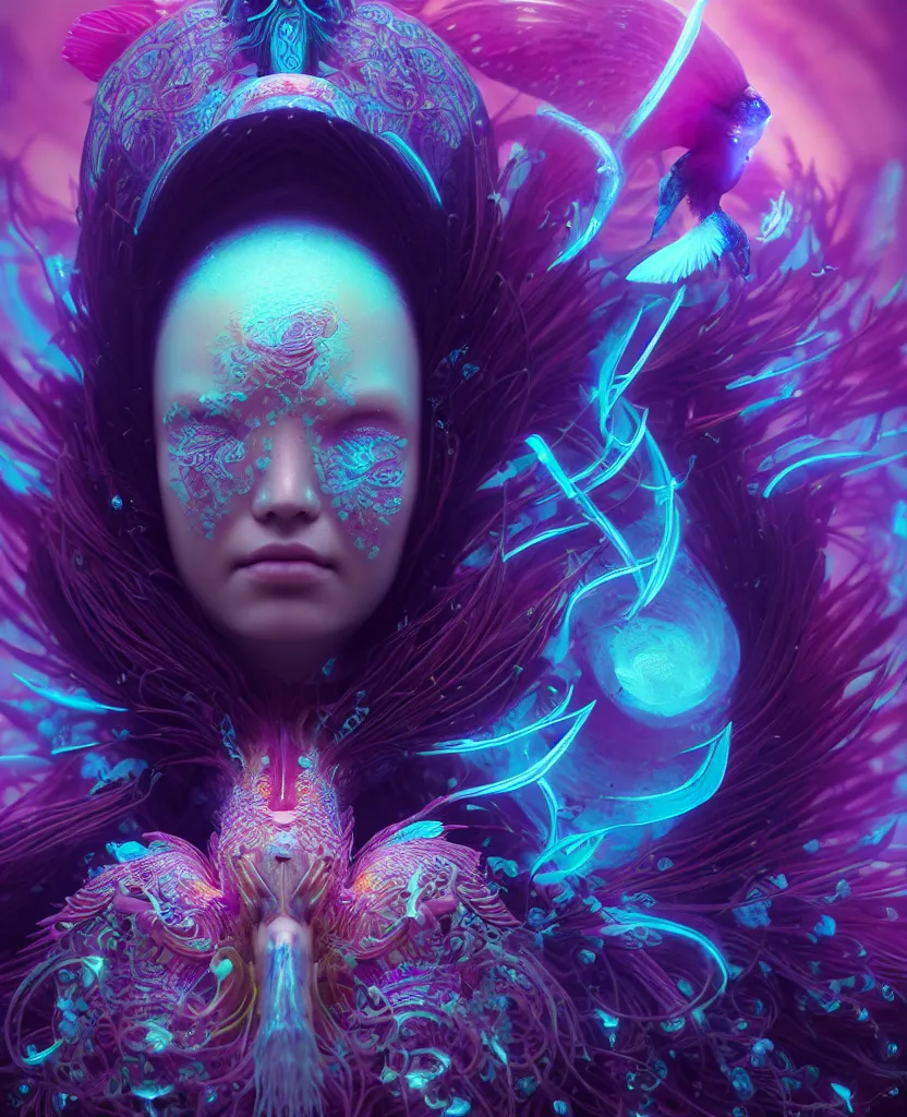 Image similar to goddess close-up portrait. orchid bird phoenix head, nautilus, skull, betta fish, bioluminiscent creatures, intricate artwork by Tooth Wu and wlop and beeple. octane render, trending on artstation, greg rutkowski very coherent symmetrical artwork. cinematic, hyper realism, high detail, octane render, 8k