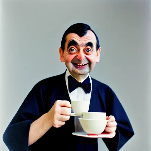 Image similar to close - up of mr. bean joyfully serving you tea at a japanese maid cafe, frilly outfit, soft focus, national geographic, depth of field, 3 5 mm, 8 k, photograph by annie leibovitz