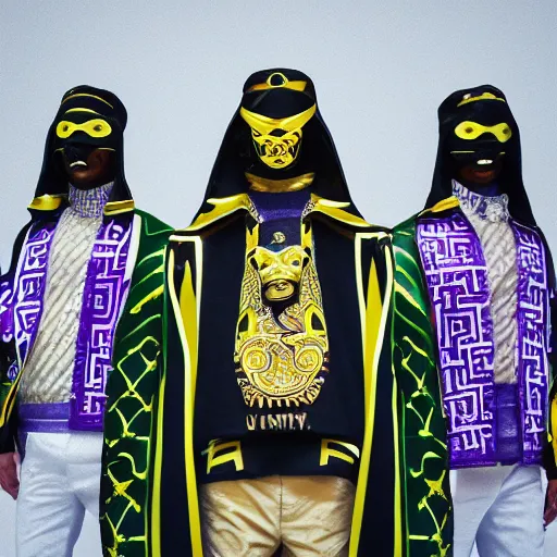 Image similar to portrait of masked dune dynasty with versace clothes, white background, versace logo, 8 k, symmetrical, 3 d render, octane render, insane details