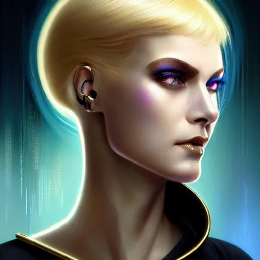 Image similar to futuristic woman android portrait, sci-fi female, striking azure eyes, face, short platinum hair tomboy, cyberpunk femme fatale, intricate, elegant lady with alabaster skin, highly detailed gold filigree, digital painting, artstation, concept art, smooth, sharp focus, illustration, art by artgerm and greg rutkowski and alphonse mucha:3, overexposed, dark, gray:-2