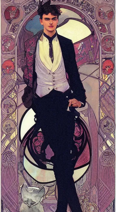 Image similar to Full body portrait of a pretty cat boy in his twenties in fancy clothes. Art by Greg Rutkowski and Alphonse Mucha