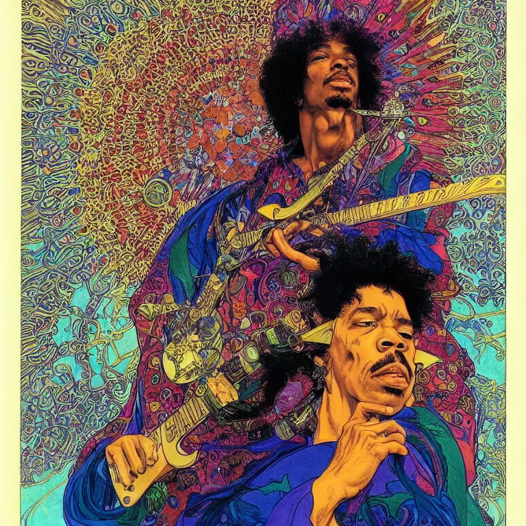 Image similar to colorfull artwork by Franklin Booth and Alphonse Mucha and Mati Klarwein showing a portrait of Jimi Hendrix as a futuristic space shaman