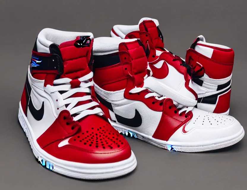 Prompt: a press photograph of nike jordan 1 red white and black, size 1 0, white background