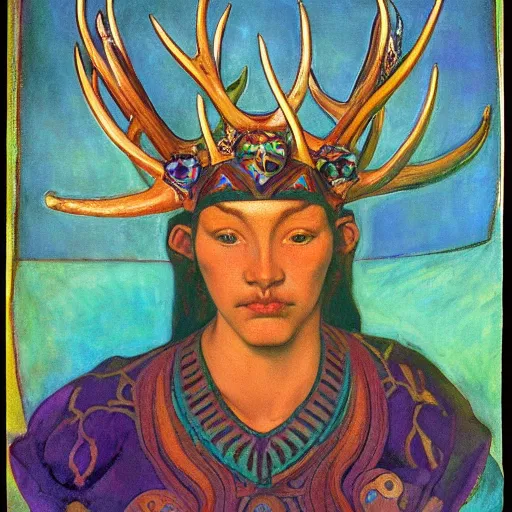 Image similar to the antler crown, by Annie Swynnerton and Nicholas Roerich and Diego Rivera, bioluminescent skin, elaborate costume, geometric ornament, symbolist, cool colors like blue and green and violet, smooth, sharp focus, extremely detailed