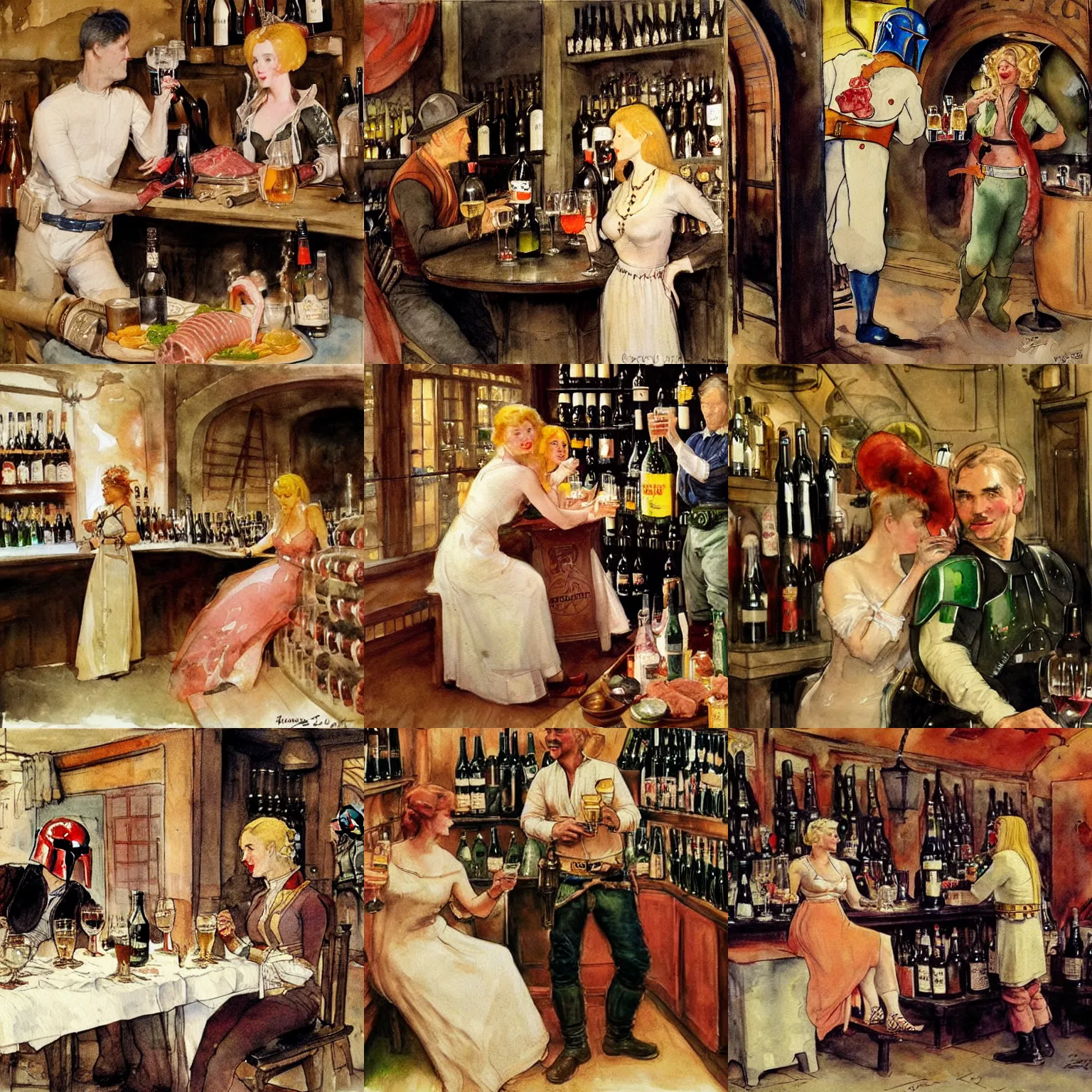 Prompt: blonde woman and boba fett drinking beer in a wine cellar, masterpiece, meat, pork, schnapps, watercolor by anders zorn and carl larsson