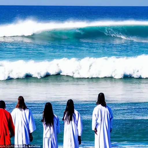 Prompt: worshippers in white robes belonging to the cult of the surfers, surfing in waves, standing on surfboards, surfing in the face of a tsunami, high detailed colors, bright deep blue