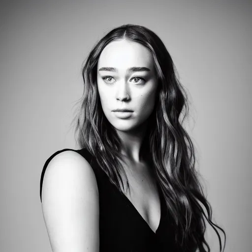 Image similar to alycia debnam carey standing while posing for a photo, award winning photography, HDR, studio lighting, dynamic pose, medium close shot, shot on Canon EOS R5, f/2.5,