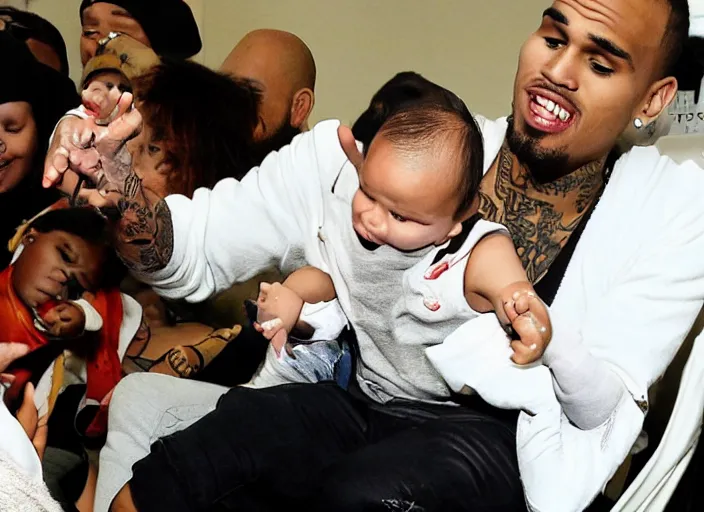 Prompt: a photograph of Chris Brown kicking a baby