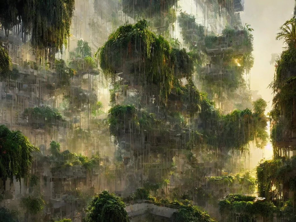 Image similar to the green city of babylon with its wonderful hanging gardens at dawn, intricate, elegant, volumetric lighting, digital painting, highly detailed, artstation, sharp focus, illustration, concept art, ruan jia, steve mccurry